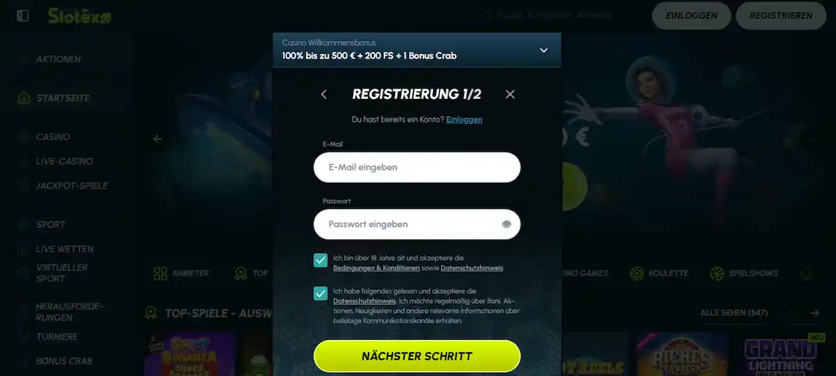Sign up for new Slotexo Casino account