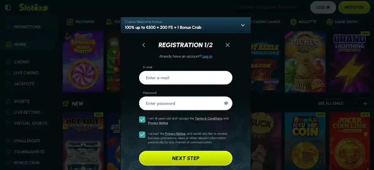 Create new Slotexo Casino account