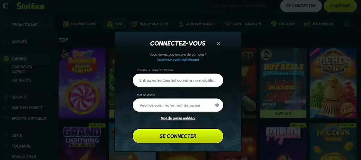 Étapes pour se connecter à Slotexo Casino