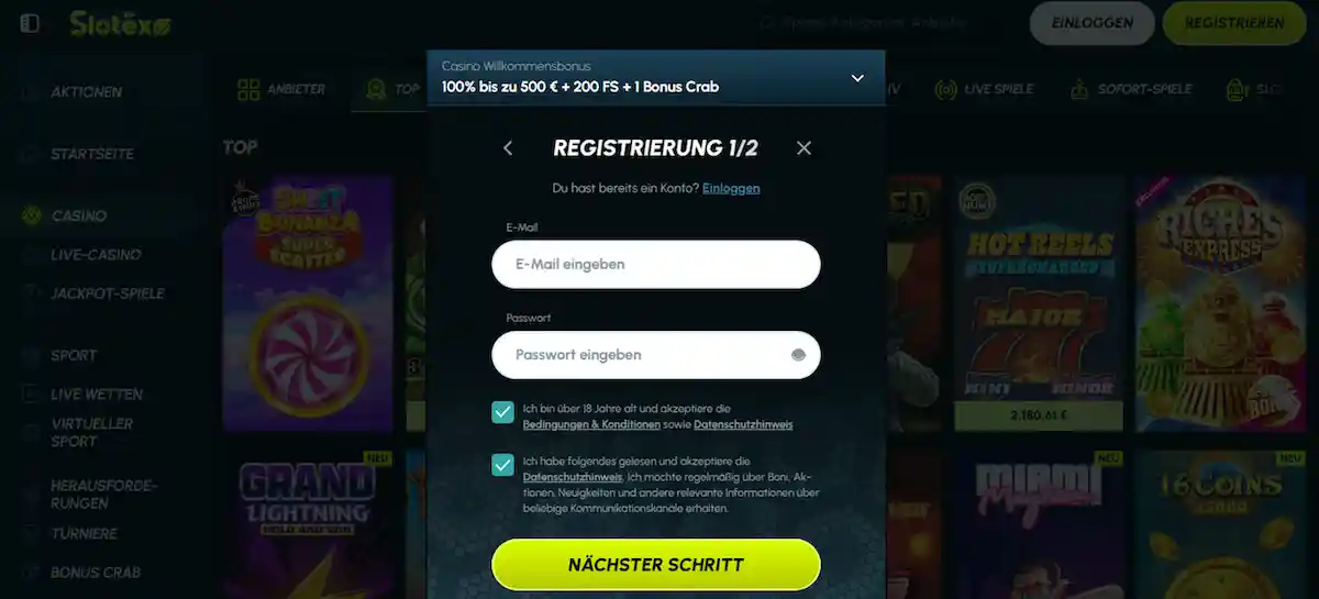 Erste Registrierung für Slotexo Casino